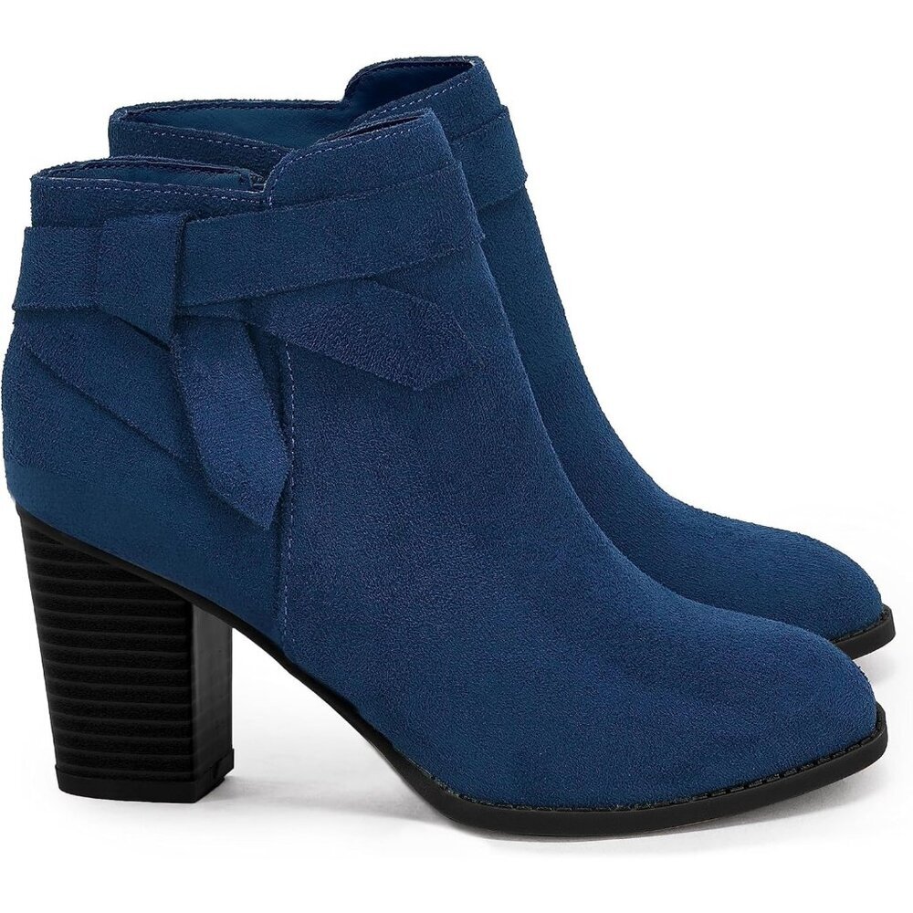 Women Dark Blue Synthetic Tie Knot Stacked Heel Chelsea Pump Ankle Boots Shoes